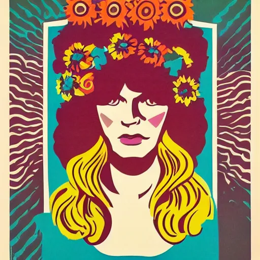 Image similar to 70s graphic design poster with a woman’s face, flower child, groovy, retro, hippie