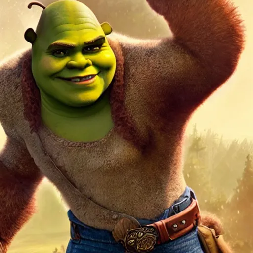 Prompt: handsome shrek on a romance novel cover, cowboy, dreamy, fantasy, bodice ripper, western, detailed, artstation, annie leibovitz, greg rutkowski