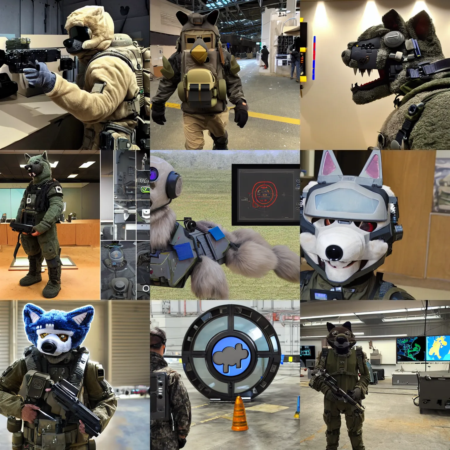 Prompt: A fully operational DARPA-designed fursuit with a full suite of features including: HUD display, portable generator, automated defence platform, self-contained sealed environment, and emergency countermeasures.