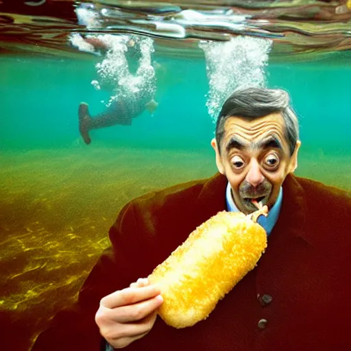 Image similar to An Alec Soth portrait photo of Mr. Bean eating a corndog while underwater