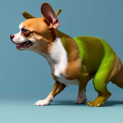 Prompt: the incredible hulk as a chihuahua in the style of a realistic 3D render, action shot