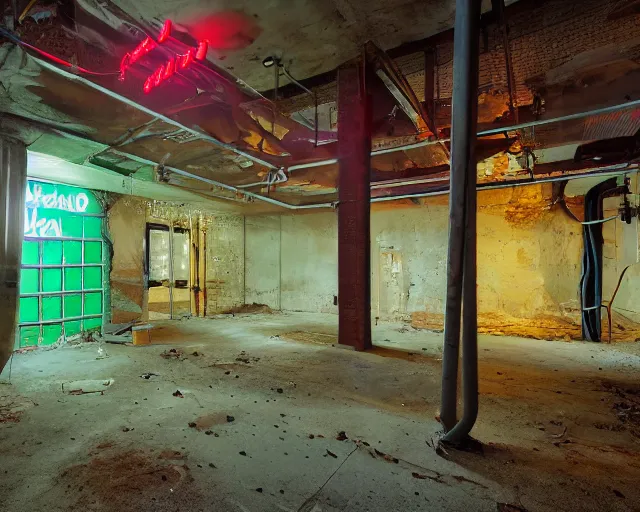 Image similar to An abandoned industial basement lit by a neon sign that says GAK, GAK sign, basement, cinematography by Robby Müller, GAK basement, industrial