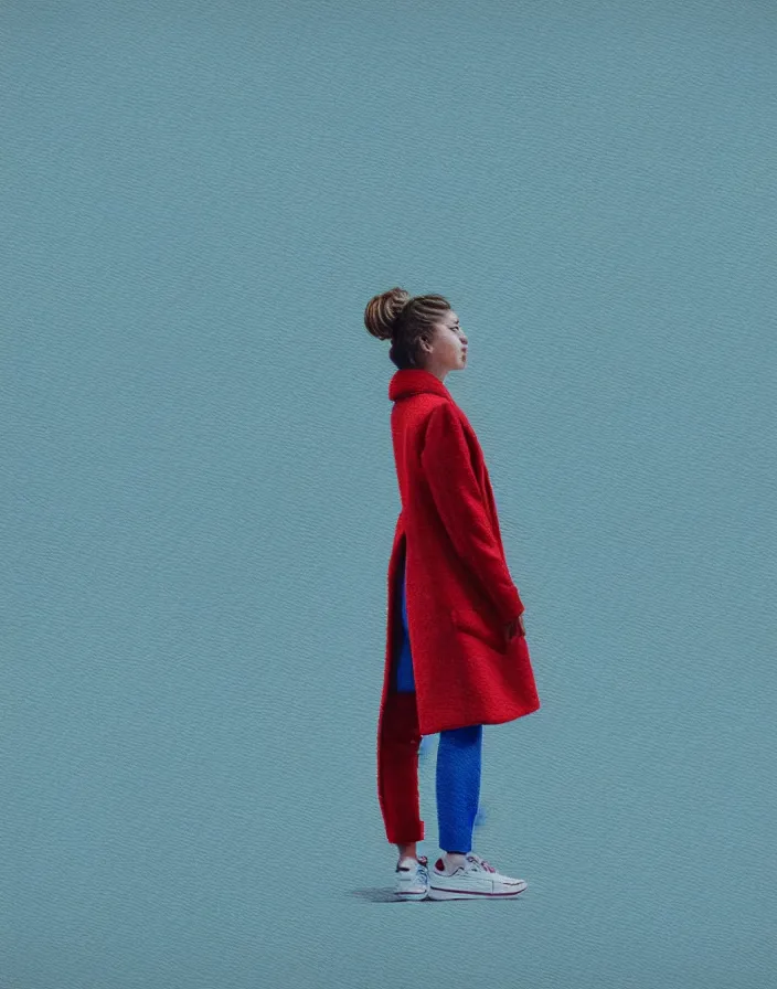 Image similar to wide shot rear view photographer woman hair in a bun long red stripe coat backpack sneakers taking photo with nikon camera in hand while looking out over a placid blue lake, a character design painting, in the style of wes anderson, lola dupre, david hockney, isolated on negative white space background dark monochrome fluorescent spraypaint accents volumetric octane render, no double figure