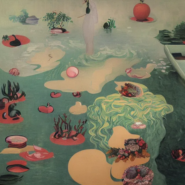 Image similar to painting of flood waters inside an artist's feminine bedroom, female emo art student, a river flooding indoors, pomegranates, pigs, ikebana, water, octopus, river, rapids, waterfall, black swans, canoe, berries, acrylic on canvas, surrealist, by magritte and monet