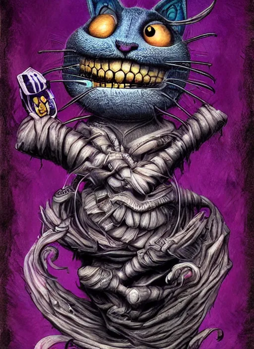 Image similar to cheshire cat having a cigar death tarot card, highly detailed, half skull face, cinematic, 8 k, bymegan duncanson, benjamin lacombe, naoto hattori, adrian borda, giger, trending on deviantart, hyper detailed, horror, full of colour