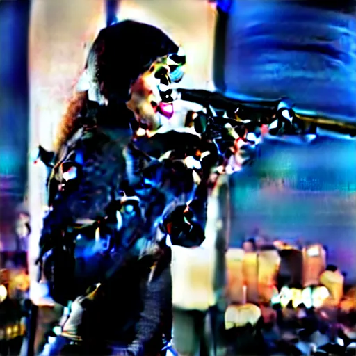 Image similar to photographic portrait of a techwear woman holding a shotgun, closeup, on the rooftop of a futuristic city at night, sigma 85mm f/1.4, 4k, depth of field, high resolution, 4k, 8k, hd, full color, Die Hard, movies with guns, movie firearms