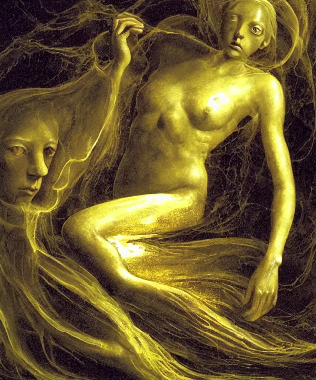 Prompt: Beautiful full-body wax sculpture of a glowing clothed transparent mermaid in a glowing dress with visible gold bones covered with melted white wax inside the singularity where stars becoming baroque folds of dark matter by Michelangelo da Caravaggio, Nicola Samori, William Blake, Alex Grey and Beksinski, dramatic volumetric lighting, highly detailed oil painting, 8k, masterpiece