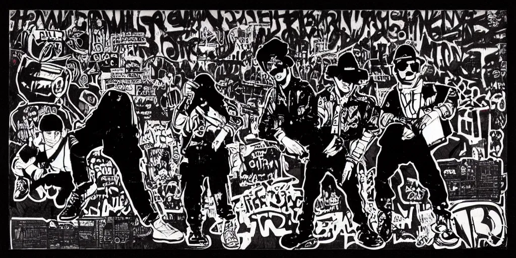 Image similar to gritty early 8 0 s graffiti surrounded by black and on a black background, concept art, trending on artstation, beastie boys