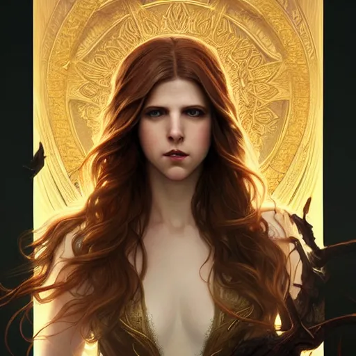 Image similar to beautiful powerful sorceress maiden princess, Anna Kendrick, cruel, intricate, elegant, highly detailed, digital painting, artstation, concept art, smooth, sharp focus, illustration, art by artgerm and greg rutkowski and alphonse mucha