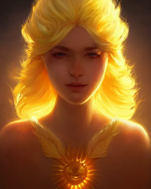 Image similar to a beautiful sun goddess, flowy yellow golden hair, golden eyes, sun, summer, cinematic lighting, highly detailed, digital painting, trending on artstation, pixiv, concept art, sharp focus, illustration, art by ross tran and wlop, dark art