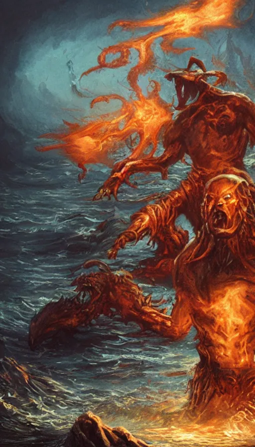 Image similar to man on boat crossing a body of water in hell with creatures in the water, sea of souls, from magic the gathering