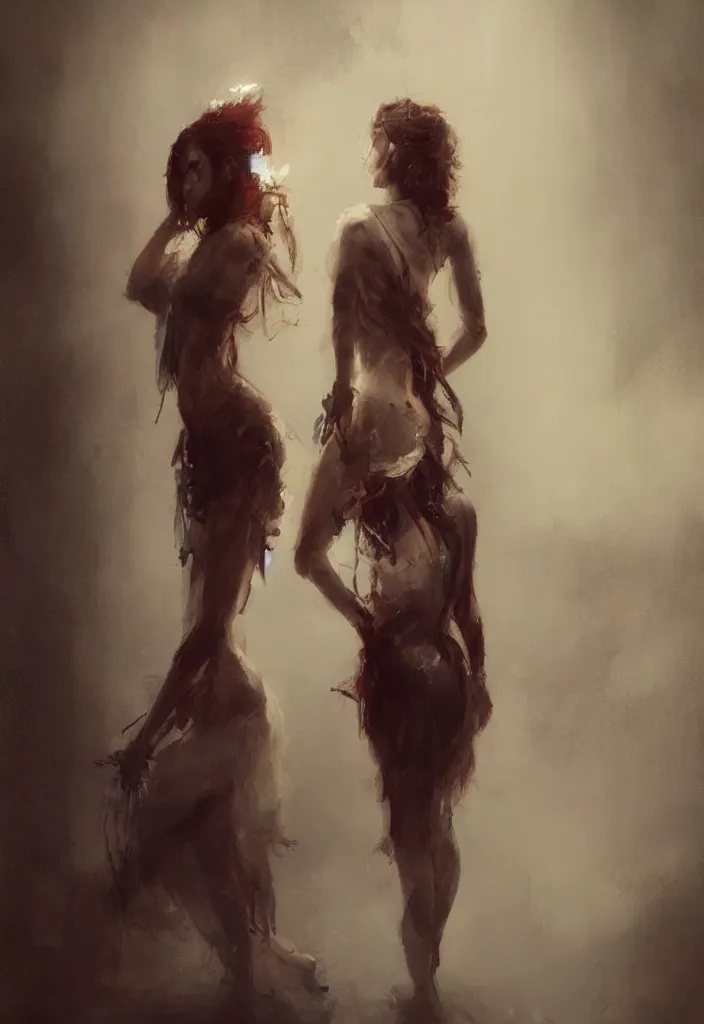 Image similar to full body portrait of a duo of 2 1 years old girl figures, messy hair, oriental tattoos, bespoke tailoring, beautiful, dramatic, cinematic lighting, few fire red highlights, by jeremy mann and greg rutkowski, oil on canvas, artstation, pixiv