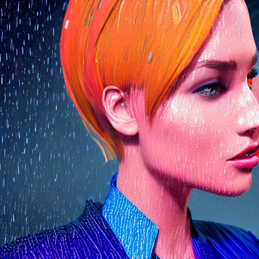 Image similar to stylish woman cartoon portrait made out of rain, pinstripe suit, short blond hair, galactic background, rendered in octane, unreal engine, highly detailed, trending on artstation, realistic, splashes of neon, beautiful