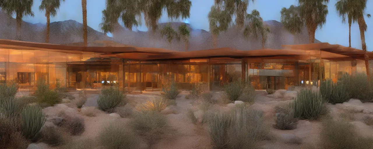 Prompt: hillside desert pavilion at dusk, palm springs, metal, rusted panels, highly detailed, serene, glass, stone, large overhangs, beautiful vistas with cacti, long glowing pool, minimal kitchen, nesting glass doors, reflections, shadows, tall entry, 8k, realistic, architectural photography, composition, night time