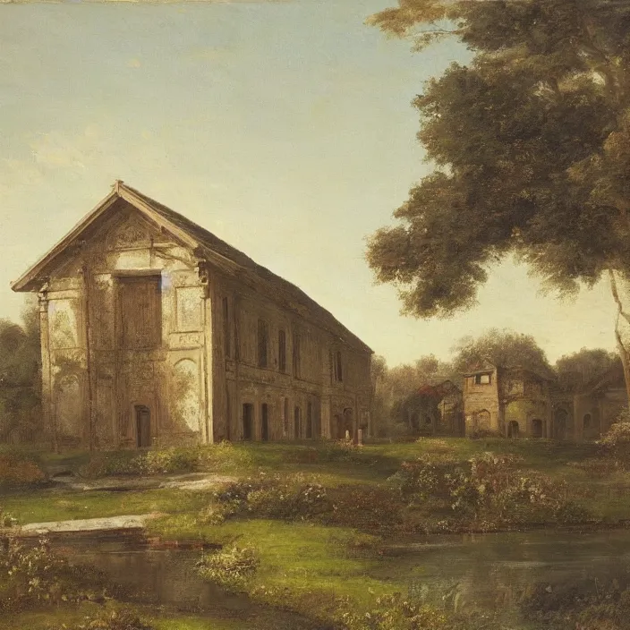 Image similar to a building in a serene landscape, romanticism art