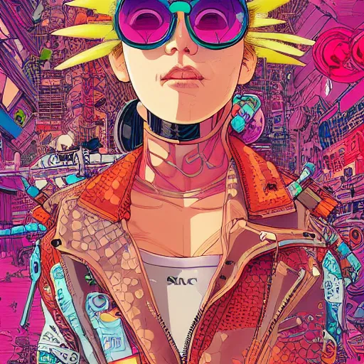 Prompt: hyper detailed comic illustration of a cyberpunk Japanese girl wearing futuristic orange sunglasses and a punk jacket, markings on her face, white ponytail, by Josan Gonzalez and Geof Darrow, intricate details, vibrant, solid background