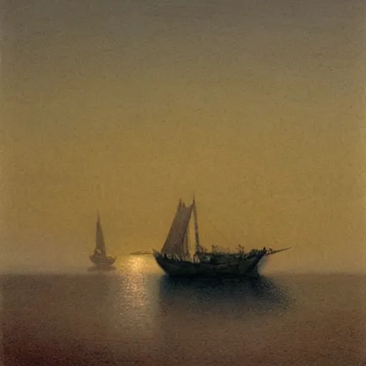 Prompt: a fishing boat on the nile river, bright hazy day, pastel painting by mikalojus konstantinas ciurlionis and edward lear