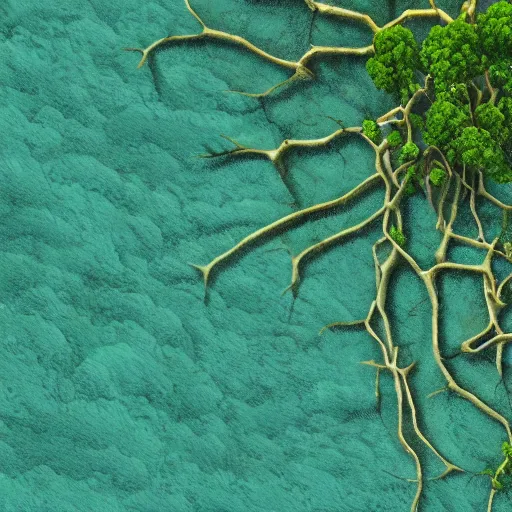 Prompt: Mangrove swamp tangled mangrove roots, aerial view, close up. Matte painting, simple cartoon style, game asset