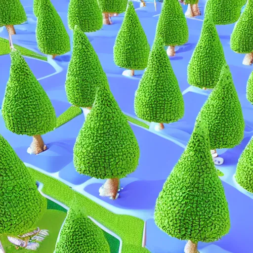 Prompt: forest of many 3 d cartoon trees, all unique, colourful