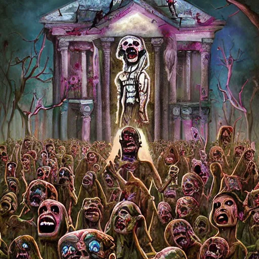 Prompt: professional art painting of zombies worshipping around the temple of brains, surreal, esoteric, digital art, illustration