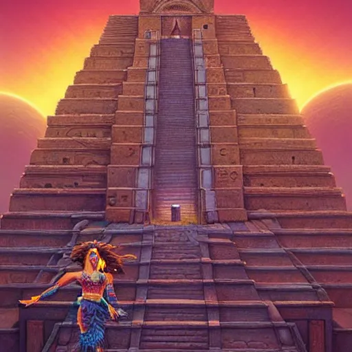 Prompt: aztec princess on top of a step pyramid during an eclipse, science fiction, highly detailed, digital painting, beautiful eyes, symmetry, concept art, sharp focus, volumetric lighting, illustration, global illumination, radiant light, synthwave colors, detailed and intricate environment, art by artgerm and greg rutkowski and magali villeneuve and ilya kuvshinov!