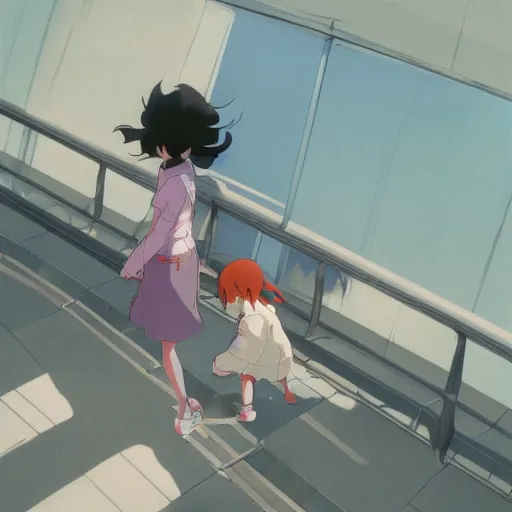 Image similar to woman with child by yoh yoshinari, makoto shinkai, dynamic composition, dynamic perspective woman with child by yoh yoshinari, makoto shinkai, dynamic composition, dynamic perspective, cel shaded