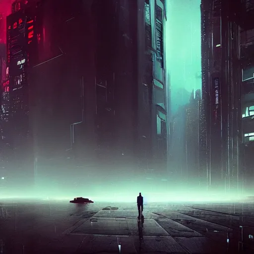 Image similar to rain, giant futuristic cyberpunk spacecraft with small character silhouette in the foreground, blade runner, dense fog, bloom, cinematic contrasted lighting, ultra detailed, trending on artstation