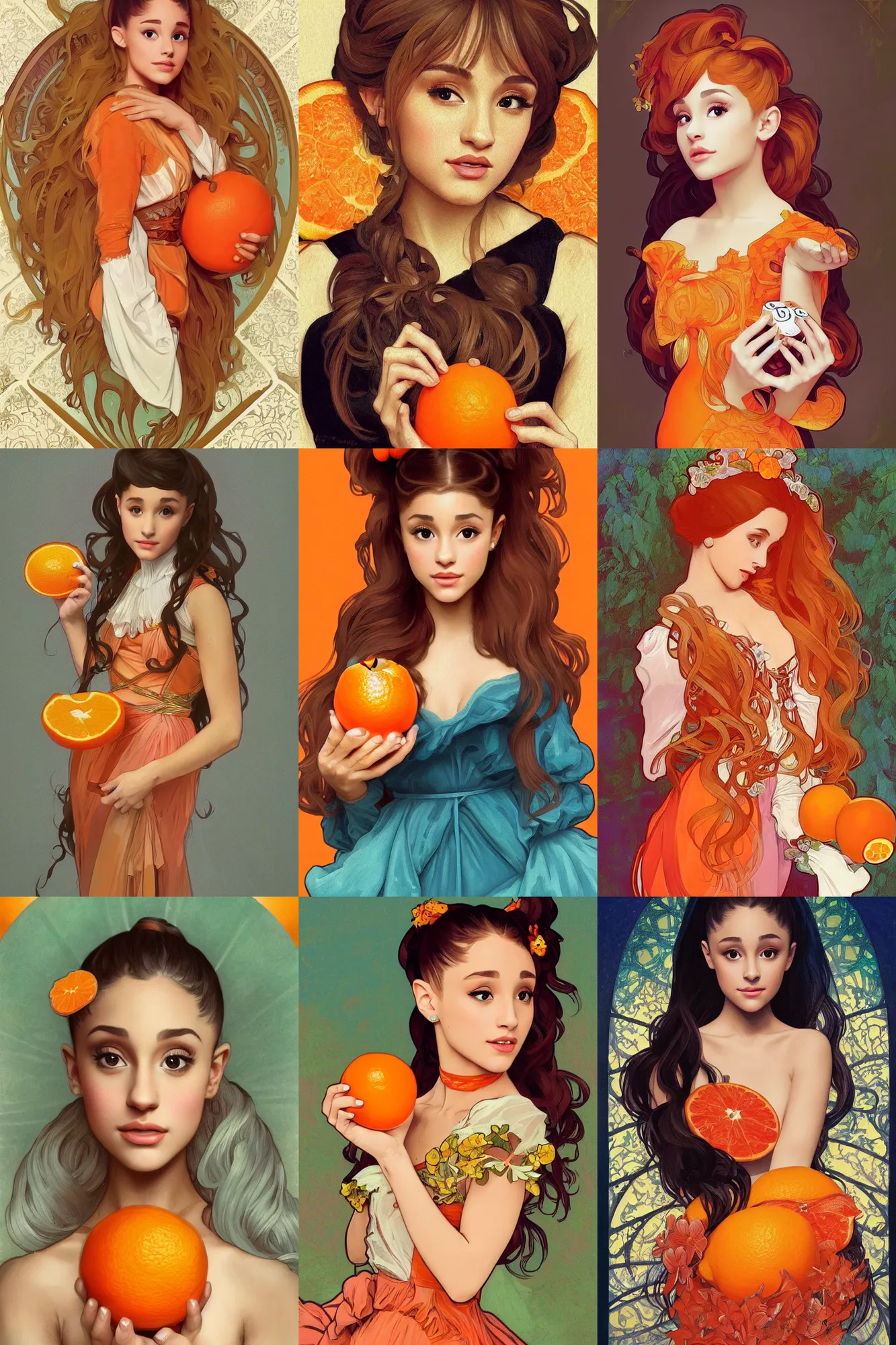 Prompt: beautiful cottagecore Ariana Grande holding an orange Orange, intricate, elegant, highly detailed, digital painting, artstation, concept art, smooth, sharp, focus, illustration, art b alphonse mucha