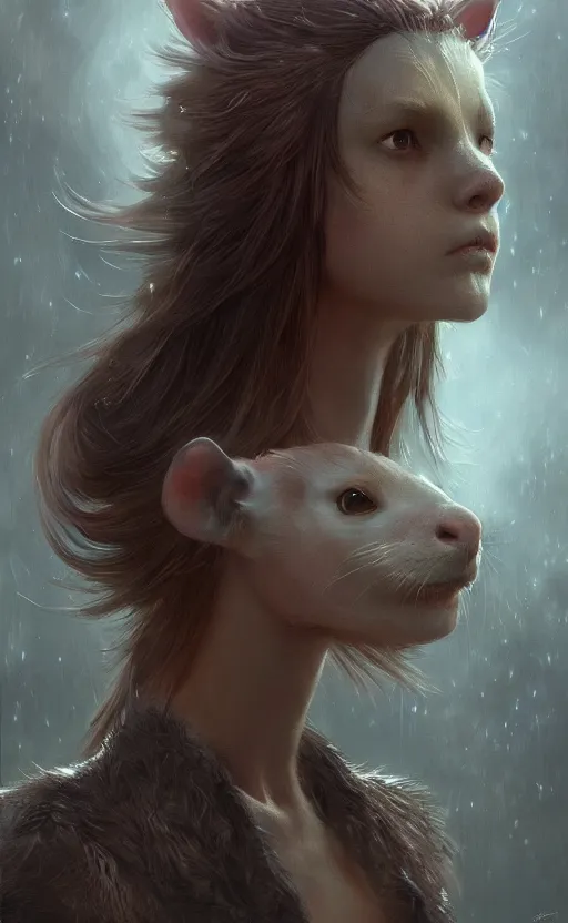 Image similar to a girl from final fantasy live action, anthropomorphic ferret, evocative, mystical night, very very very very detailed, award winning, masterpiece digital painting by greg rutkowski, alex grey, artstation, 4 k wallpaper