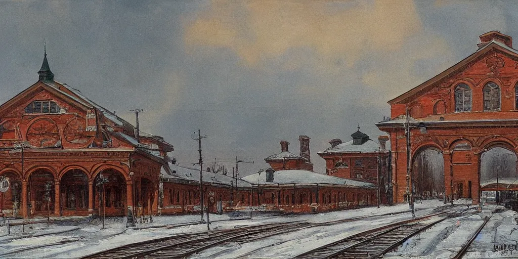 Image similar to Train Depot in Saint Petersburg in 1914 in winter, morning, trending on Artstation