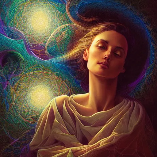 Image similar to beautiful portrait of gorgeous contentment and intelligence, spatial deformation in latent space, math art, astral plane, key light, by artgerm and dan mumford and gustave dore