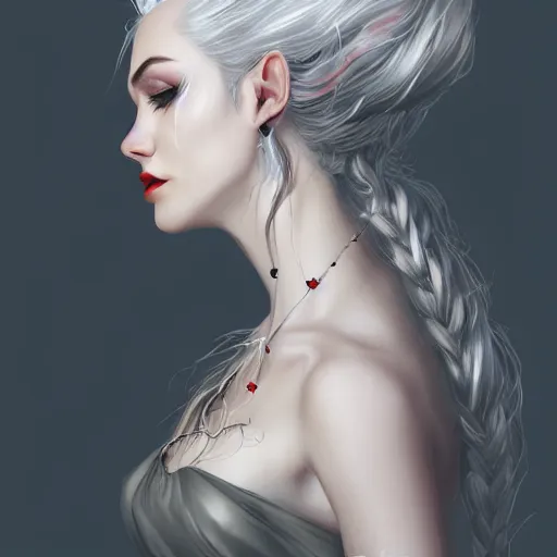 Prompt: side portrait of beautiful vampire, rose thorn crown, thorns everywhere, headshot, pale skin, 4k, bright white hair rule of thirds, extreme detail, detailed drawing, trending artstation, hd, fantasy, D&D, realistic lighting, by Artgerm, Thomas Kindkade, sharp focus, backlit, elegant