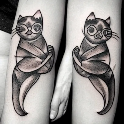 Image similar to two cats holding each other's tail, circle design, tattoo design, inking on skin, designed by Android Jones