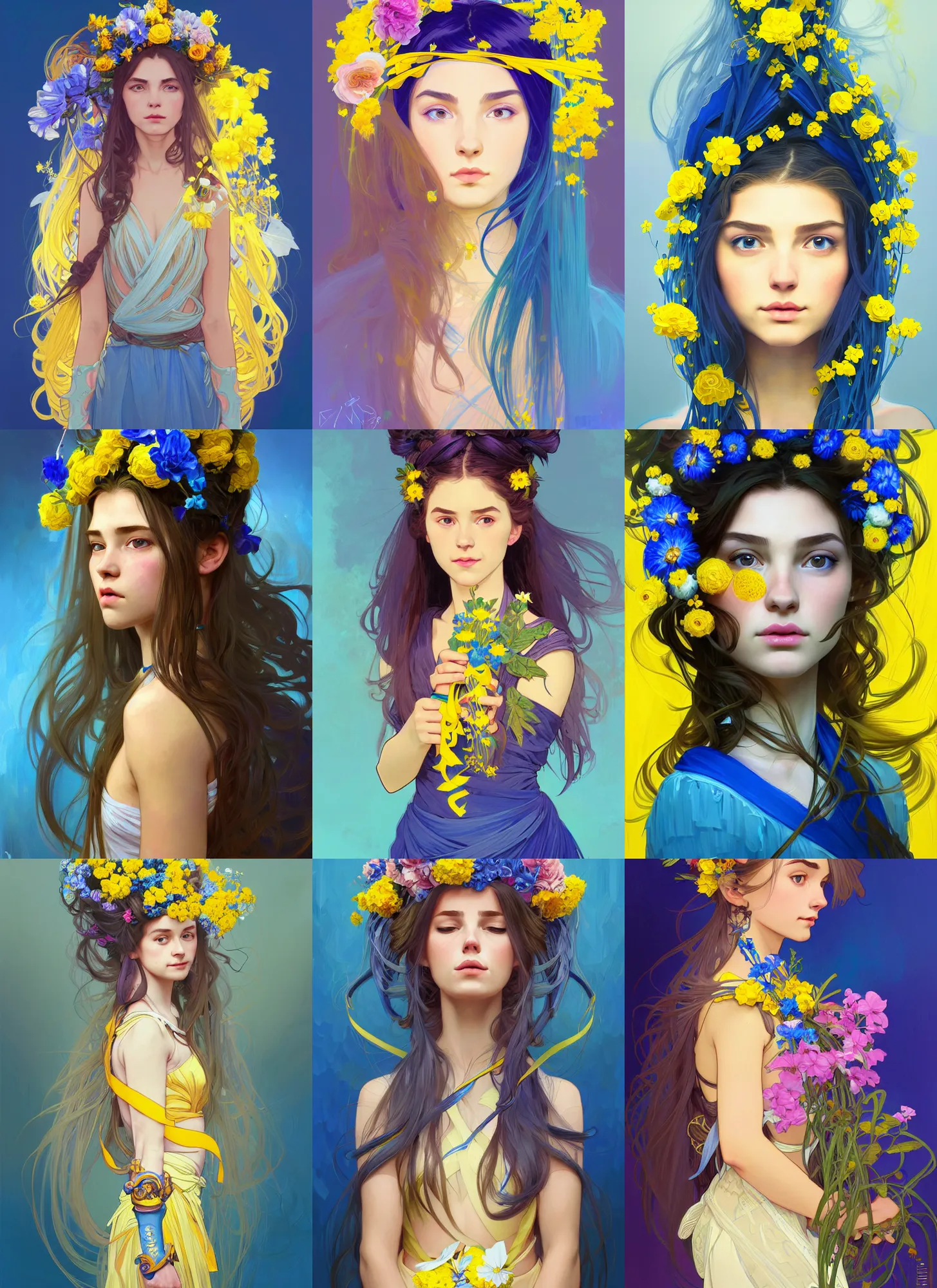 Prompt: character concept portrait of a girl with flowers in her hair and a saber in her hands, blue and yellow ribbons, beautiful, voluminous, complex, elegant, highly detailed, digital painting, artstation, concept art, symmetry, smooth, sharp focus, illustration, art by mandy juergens, alphonse mucha and alena aenami