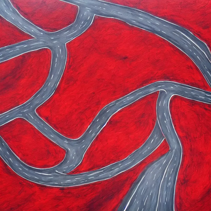 Image similar to painting of highway roads that are like blood arteries leading to the heart's core.