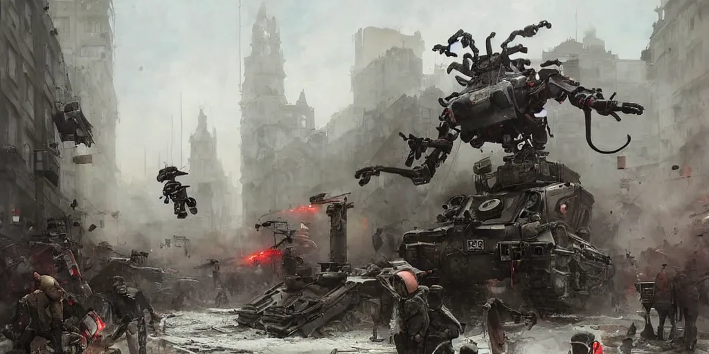 Prompt: spider robots terrorise streets of weimar berlin and attack freikorps soldiers and civilians, detailed painting, intense heavy street battle, bullet hell, pile of bodies, art by greg rutkowski and jakub rozalski