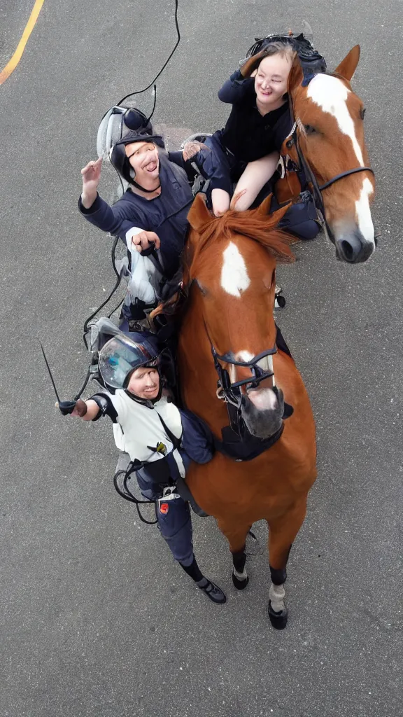 Prompt: a horse riding an astronaut, selfie, street photo