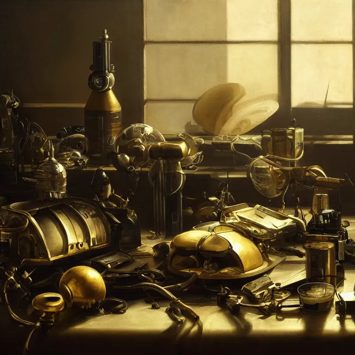 Image similar to still life painting of cyberpunk technology by pieter claesz, oil on canvas, strong lighting, highly detailed, hyper realism, golden hour, god rays, hd, 4 k