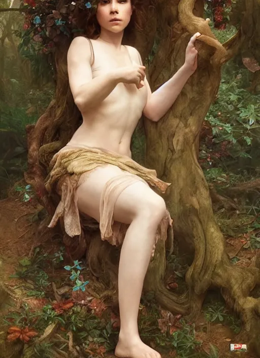 Image similar to portrait ellen page as fairy in the wood, full length shot, shining, 8k highly detailed, sharp focus, illustration, art by artgerm, mucha, bouguereau