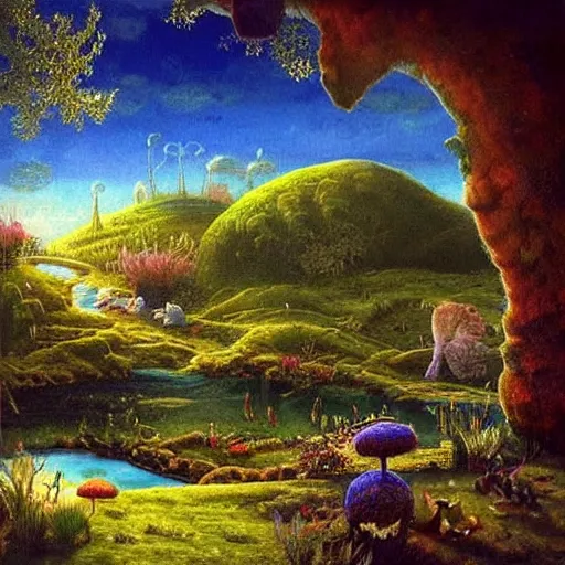 Image similar to A beautiful mixed mediart of a landscape. It is a stylized and colorful view of an idyllic, dreamlike world with rolling hills, peaceful looking animals, and a flowing river. The scene looks like it could be from another planet, or perhaps a fairy tale. decopunk by Ken Kelly, by Peter Zumthor atmospheric