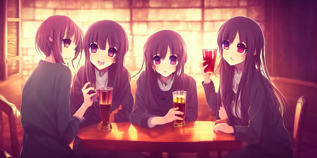 Image similar to anime girls sitting and drinking in a cozy bar, volumetric lighting, symmetrical face, detailed face, hyper real, pencil art, moody lighting, cute, comfy, warm colors, intricate detail, detailed furniture