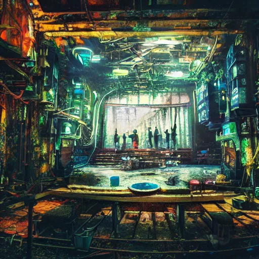 Image similar to glowing translucent theater stage in las pozas, cyberpunk, dark room, science fiction magazine, cut out collage, 4 k close up, wide angle