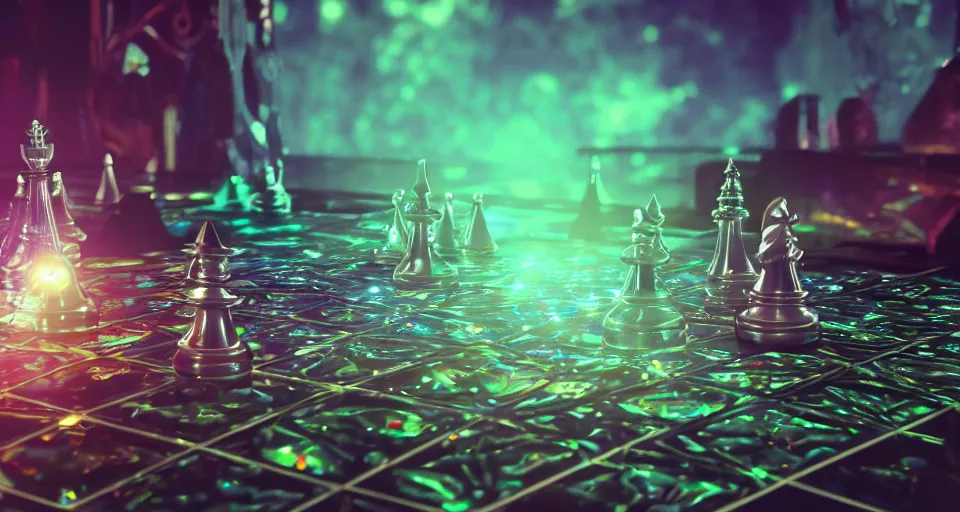 Image similar to close up of a beautiful futuristic holographic chessgame, ultra detailed, atmospheric lighting, steampunk, moody, candles, by don bluth, trending on artstation, octane render, 8 k, ultra realistic