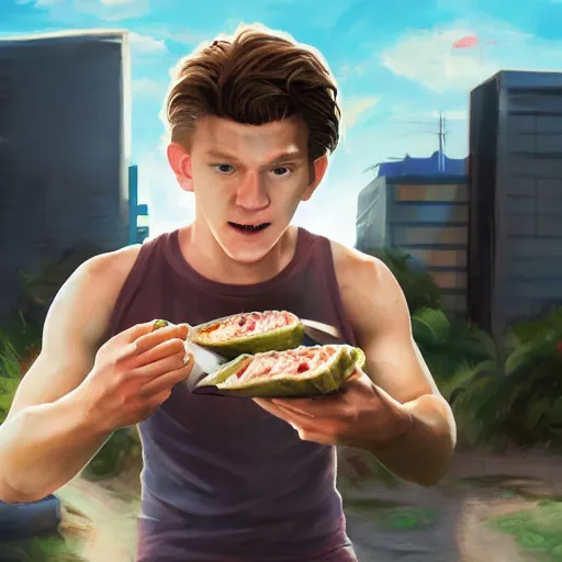 Image similar to tom holland eating spam musubi, digital art, trending on artstation, 8 k, highly detailed