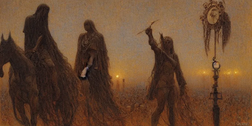 Image similar to a painting of the dark man at the crossroads by gustav moreau, jean delville and  Gaston Bussiere