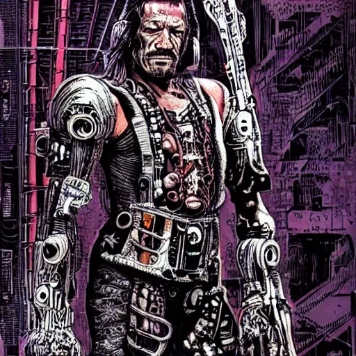 Image similar to danny trejo as a cyberpunk executioner, hyperdetailed, art by philippe druillet