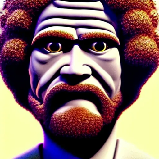 Image similar to bob ross chia pet with extremely large and intricate eye cyberpunk bionics with angry blue eyes and slim features looking askance, eye cyberpunk bionics, retro futurist style, intricate, elegant gleaming intricate baroque jewelry, angelic halo, highly detailed, digital painting, artstation, concept art, smooth, sharp focus, illustration, art by wlop, ravelo and rutkowski