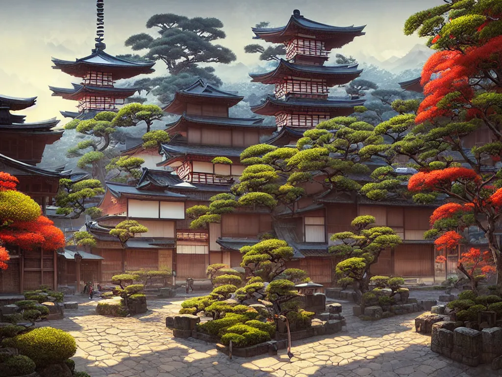 Prompt: old japanese town with garden viewed from harbor, d & d digital painting, ultra realistic, beautiful, volumetric lighting, warm colors advance, cell shading, by james jean, greg rutkowski,