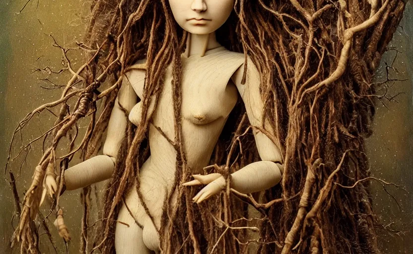 Prompt: cinematic portrait of a beautiful female jointed handmade wooden art doll, made of wood, dreadlocks with twigs and branches, reaching out to each other, oak trees, oak leaves, acorns, dendritic, ooak, painting by agostino arrivabene, detailed