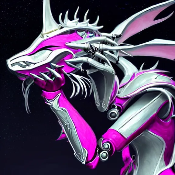 Image similar to highly detailed exquisite fanart, of a beautiful female warframe, but as an anthropomorphic elegant robot dragon, shiny white silver plated armor engraved, robot dragon head, Fuchsia skin beneath the armor, sharp claws, long tail, robot dragon hands and feet, two arms and legs, elegant pose, close-up shot, full body shot, epic cinematic shot, professional digital art, high end digital art, singular, realistic, DeviantArt, artstation, Furaffinity, 8k HD render, epic lighting, depth of field